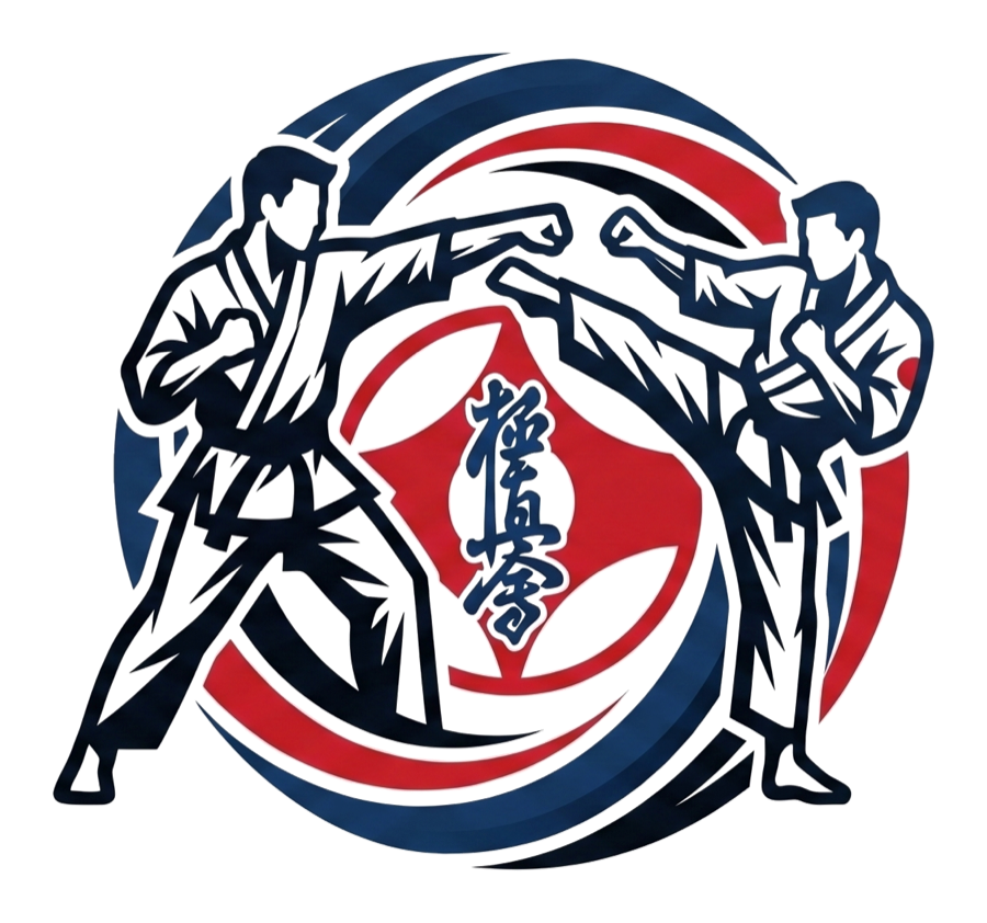 Twee Kyokushin-karateka's in het rood-blauwe KumiteFlow-embleem